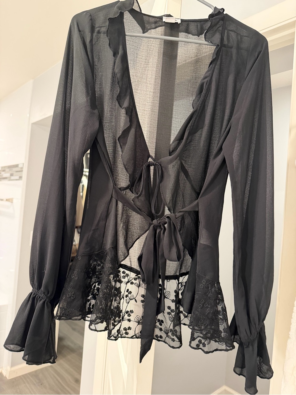 Kimchi blue Sheer Black Tie-Front Ruffle Blouse - Picture 5 of 5